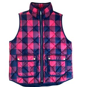 NWOT J. Crew Down Feather Quilted Red and Black Plaid Cowl Neck Full Zip Vest